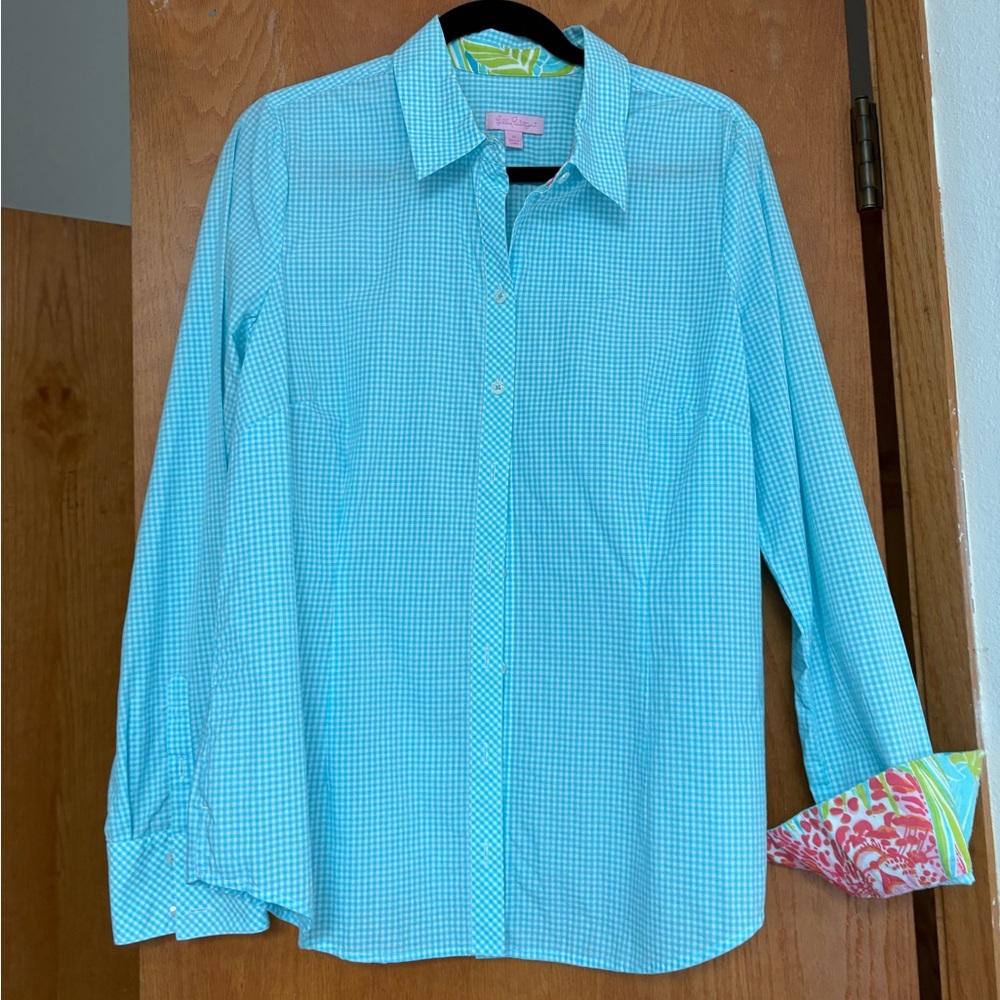 EUC Lilly Pulitzer turquoise gingham cotton blouse 14